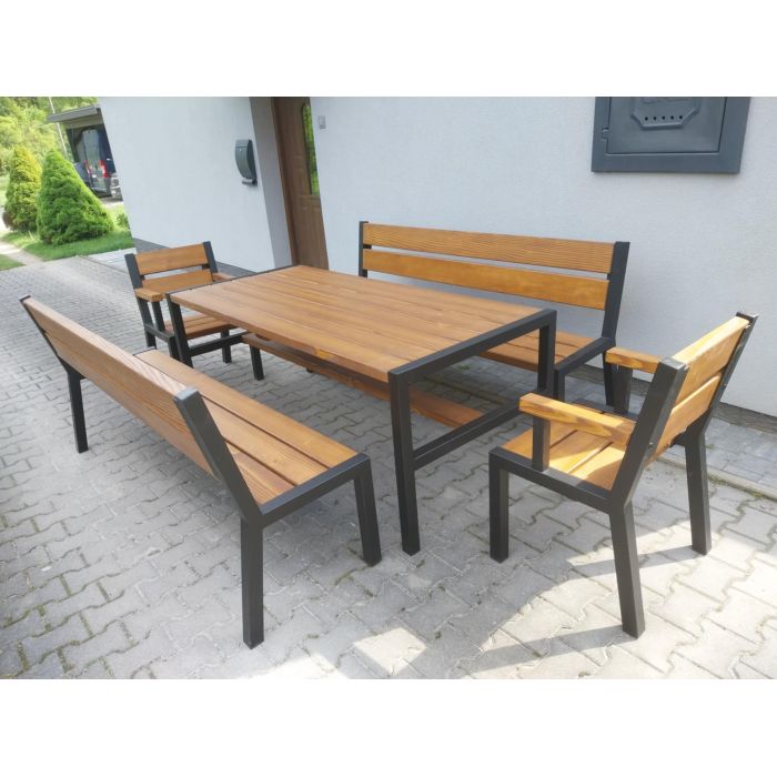 Zestaw mebli ogrodowych drewnianych + metal ocynk stół 2 ławy 2 fotele