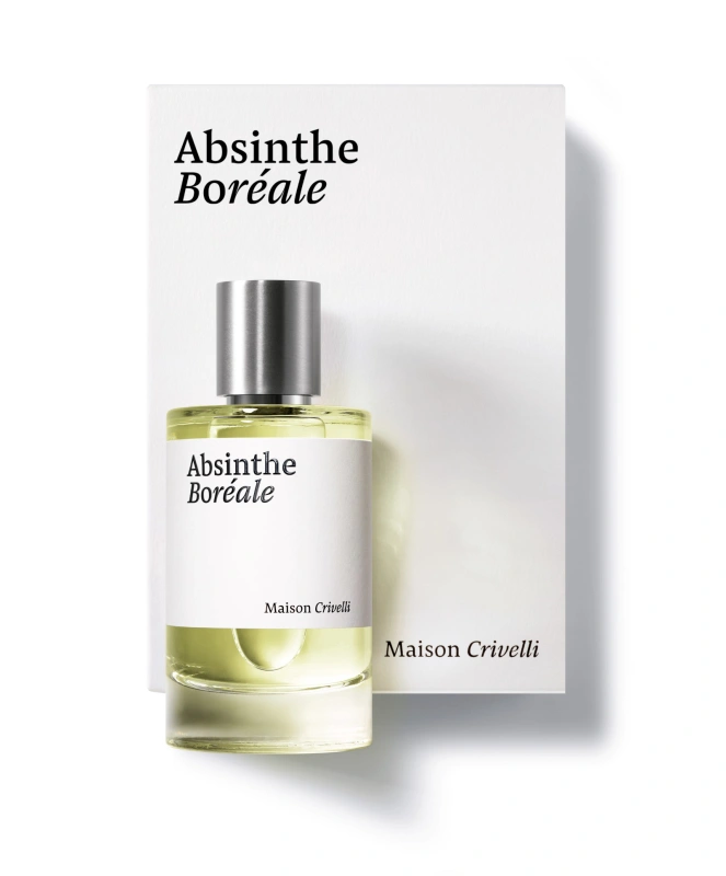 Flakon perfum "Absinthe Boréale" marki Maison Crivelli, na tle białego pudełka. Prosty, elegancki design.
