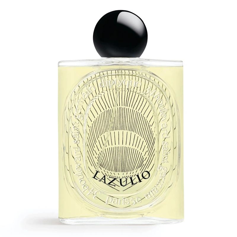 Flakon perfum o prostym kształcie, z czarną zakrętką, ozdobiony eleganckim rysunkiem i napisem "LAZULIO".