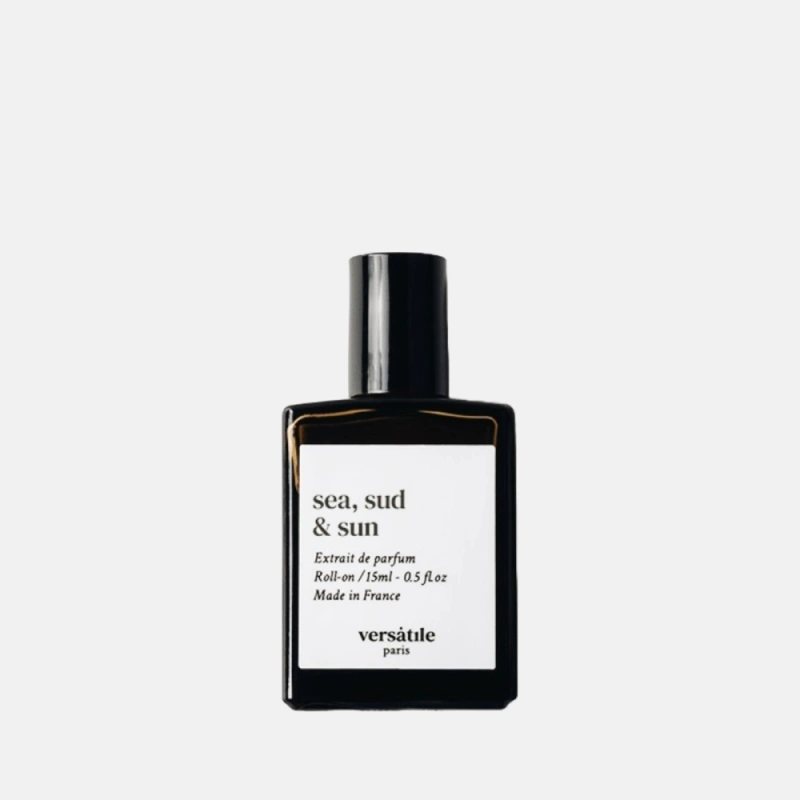 Butelka perfum o nazwie "sea, sud & sun", wyprodukowana we Francji. Elegancki, minimalistyczny design.