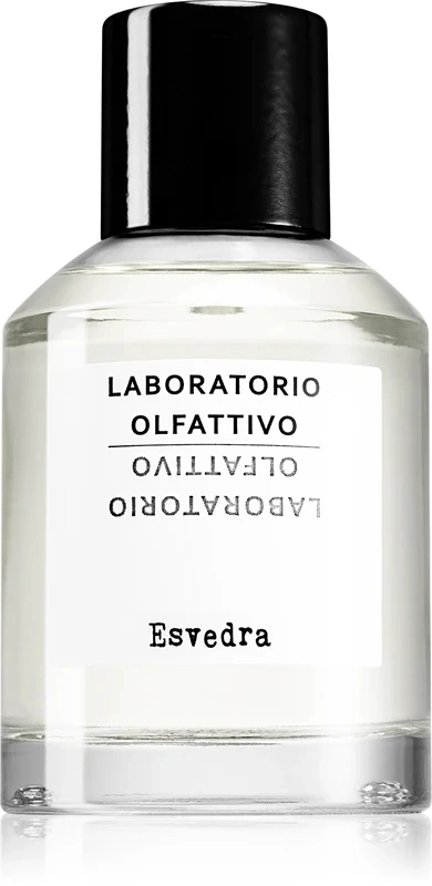 Flakon zapachu "Esvedra" od Laboratorio Olfattivo. Prosty design z czarną zakrętką i przezroczystym płynem.