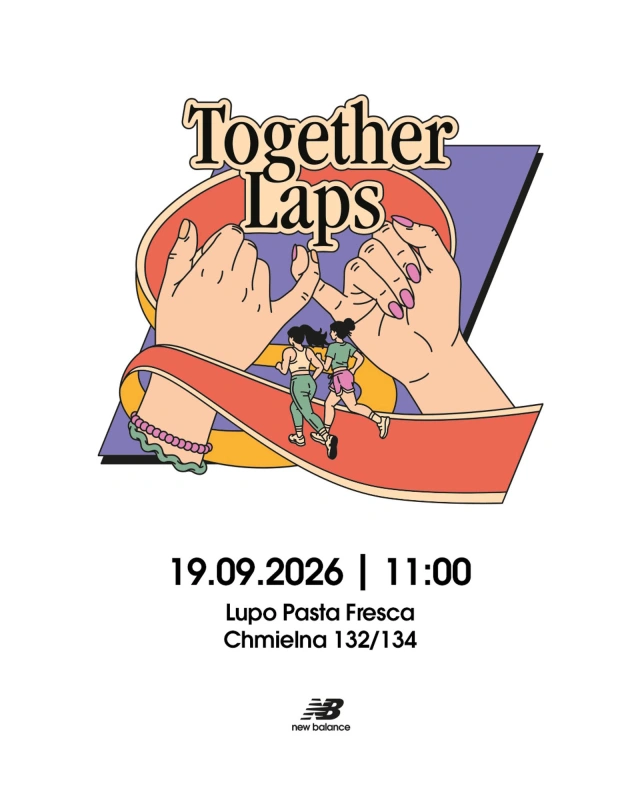 Grafika promująca wydarzenie marki New Balance "Together Laps – Women Run" z datą 19.09.2026, miejscem Lupo Pasta Fresca i adresem Chmielna 132/134. 