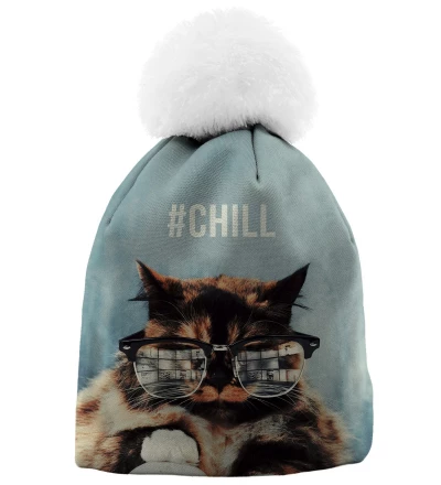 printed blue beanie with cat motive