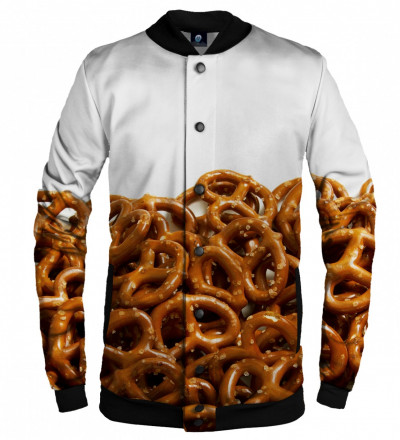 white baseball jacket with pretzells motive