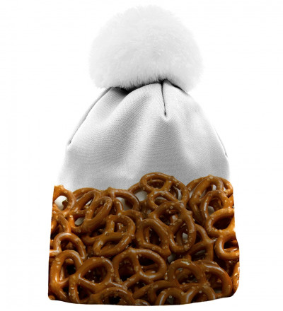 white beanie with pretzells motive