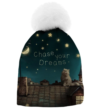 printed beanie with cat on roof motive