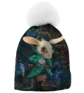 printed beanie wit rabbit from alice in wonderland