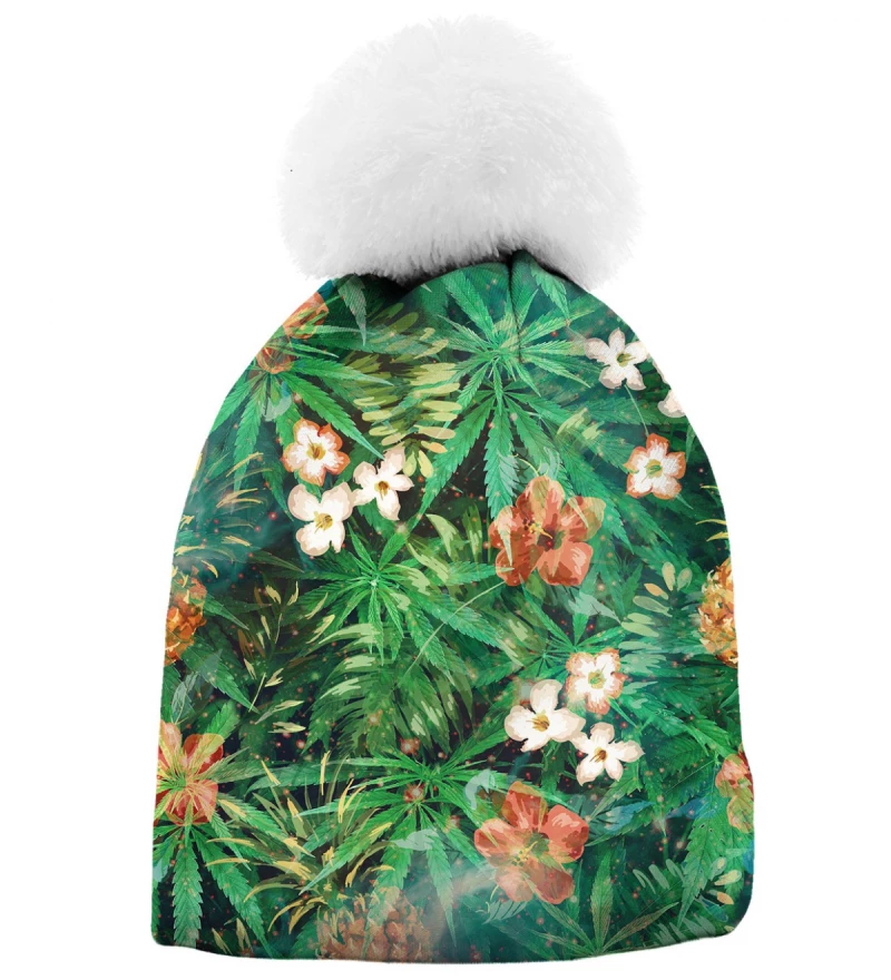 zielona printowana czapka z motywem liści