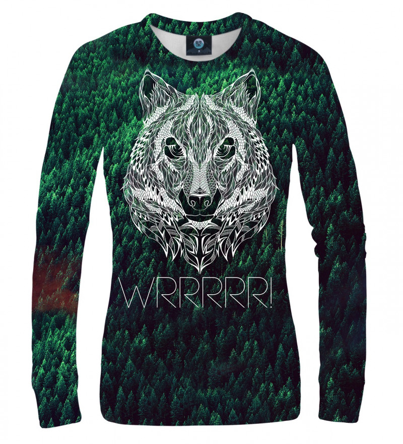 green sweatshirt with WRRR inscription and wolf