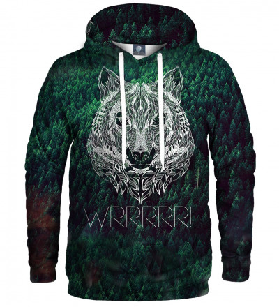 green hoodie with wrrr inscription and wolf motive
