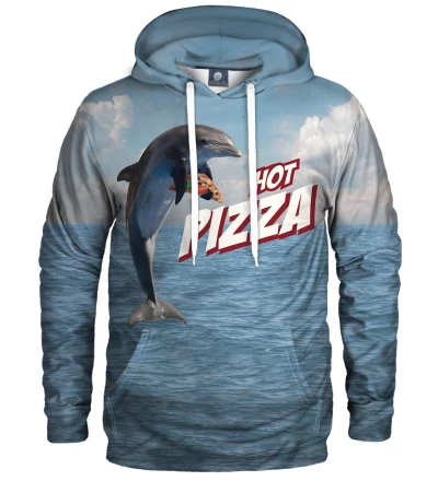 blue hoodie with dolphin and pizza motive