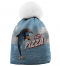 blue printed beanie with dolphin and pizza motive