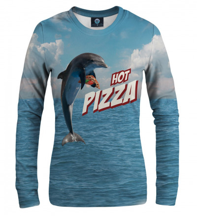 blue sweatshirt with dolphin and pizza motive