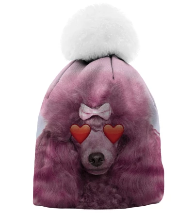 pink printed beanie with puddle motive