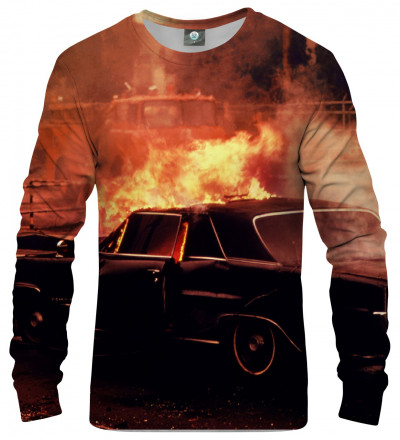 sweatshirt with car on fire
