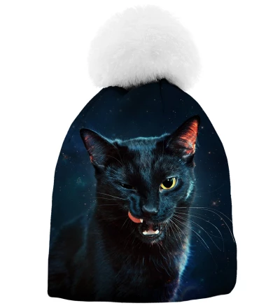 czarna printowana czapka z motywem czarnego kota