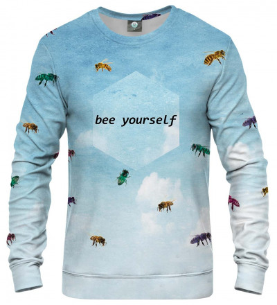 blue sweatshirt with bees motive and bee yourself inscription