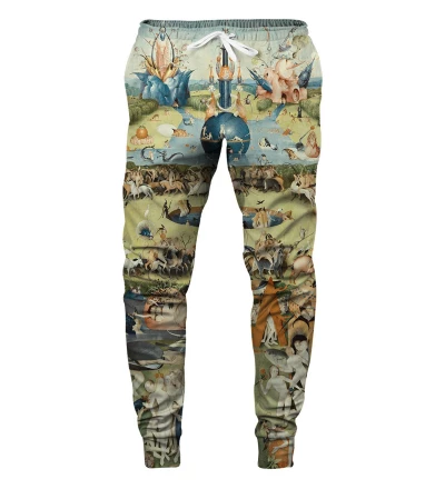 spodnie z motywem ogrodu, inspiracja Hieronim Bosch