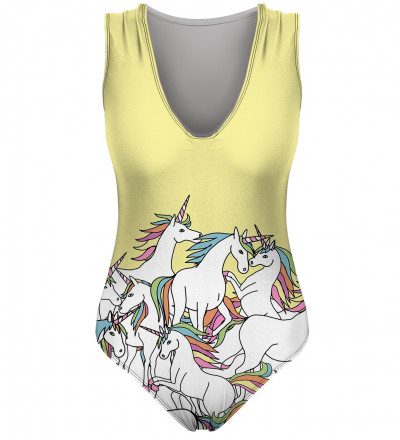 yellow swimsuit with unicorn motive