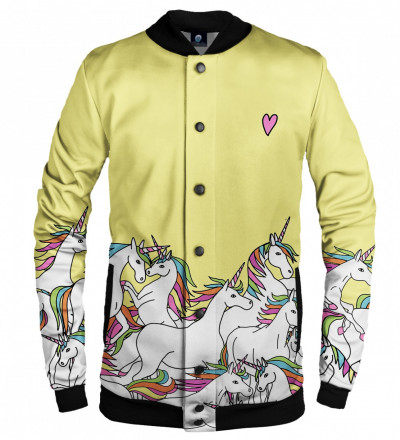 yellow bsseball jacket with unicorn motive