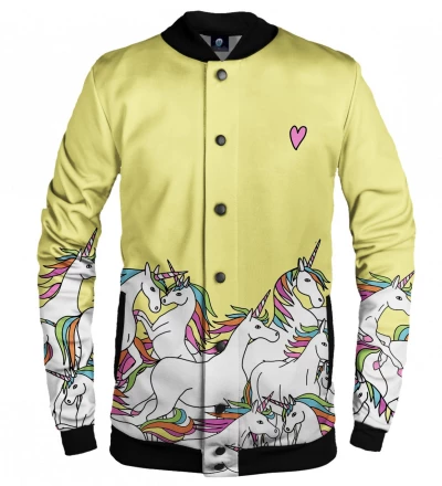yellow bsseball jacket with unicorn motive