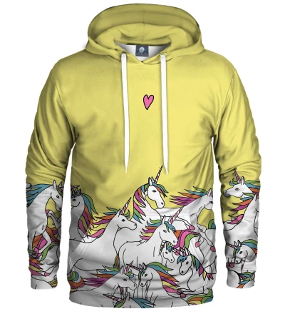 yellow hoodie with unicorn motive