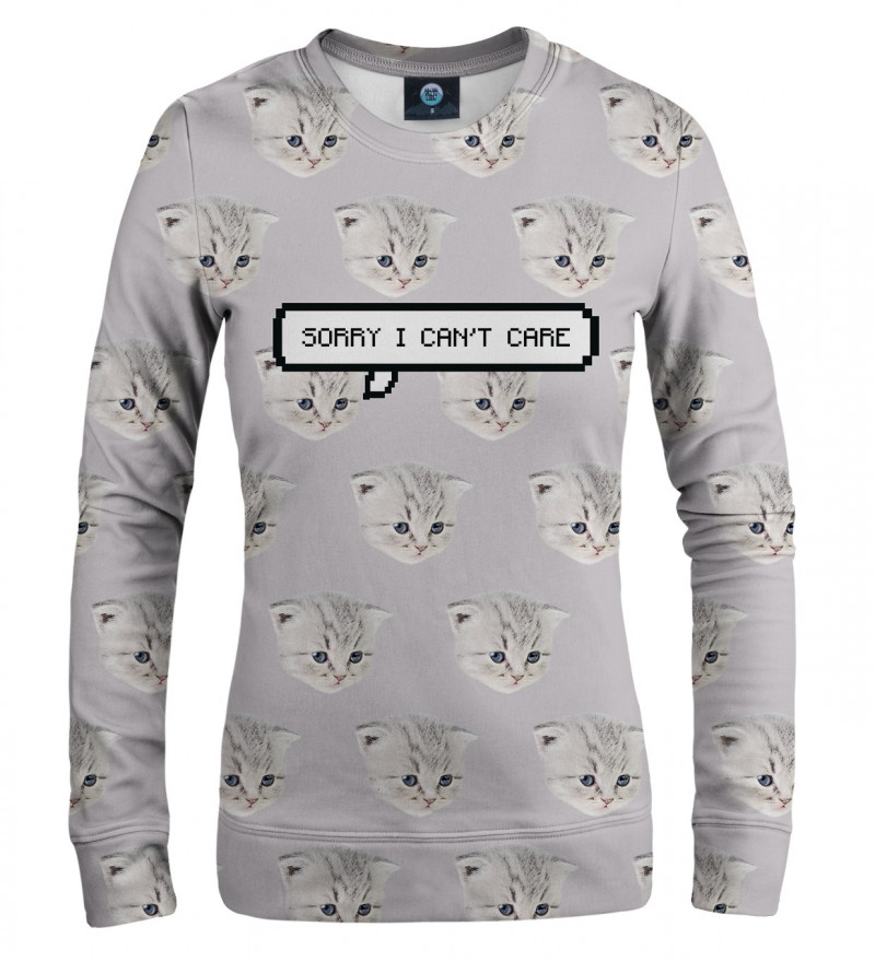 white sweatshirt with cat motive and I can't care inscription