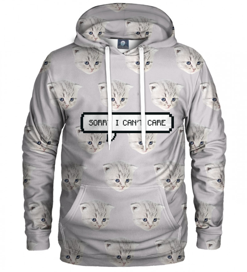 white hoodie with cat motive and I can't care inscription