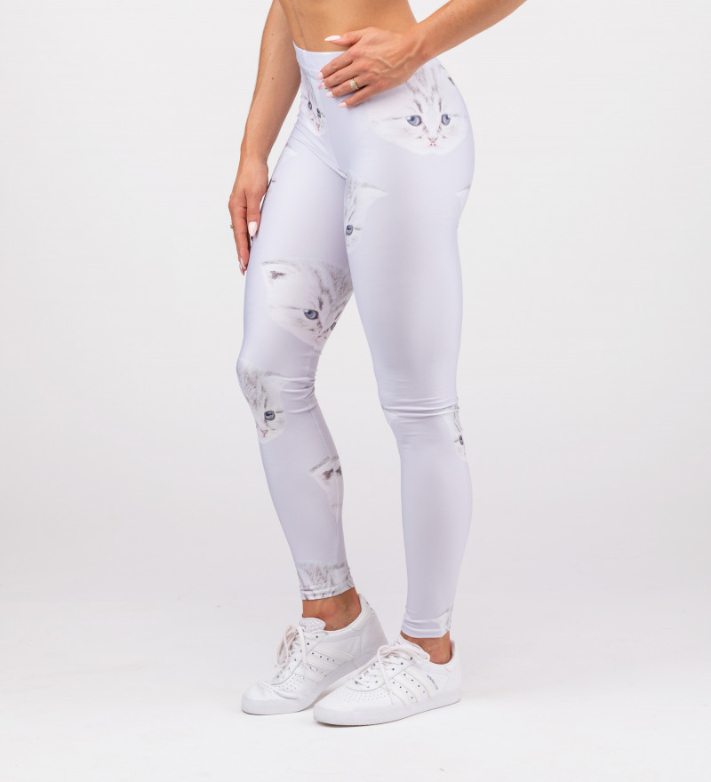 white leggings with cat motive and and I can't care inscriptions