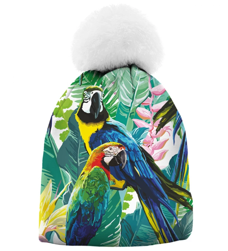 czapka z motywem jungli i papugi