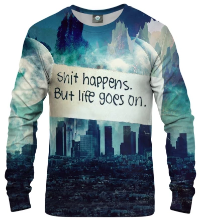 sweatshirt with city motive and shit happens inscription