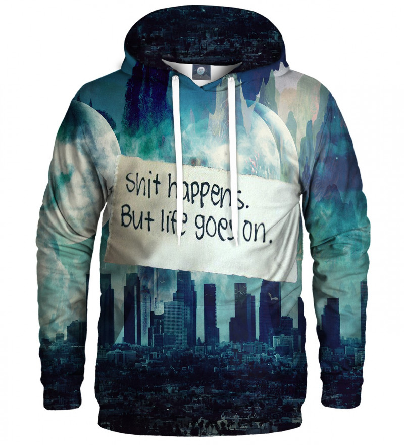hoodie with city motive and shit happens inscription