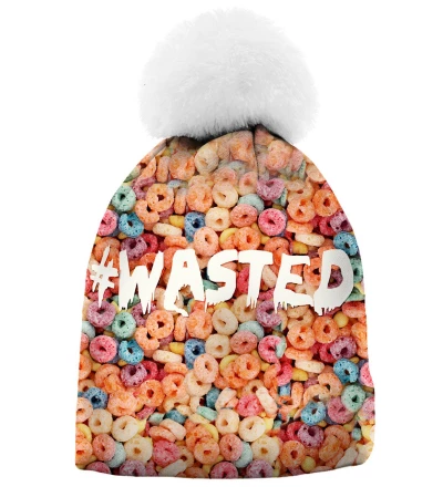 beanie with colorful cereals and wasted inscription