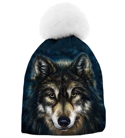 printed beanie with wolf motive