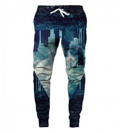 blue joggers with city motive