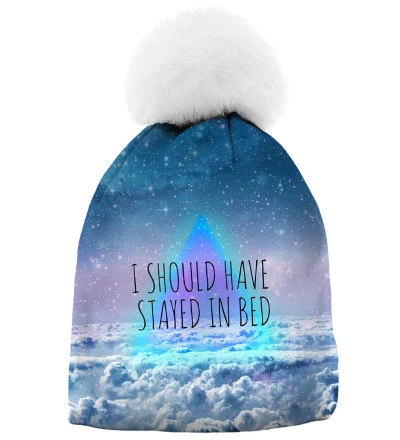 printed beanie with clouds motive and "i should have stayed in bed" inscription