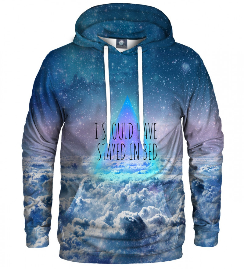 hoodie with clouds motive and "I should have stayed in bed" inscription