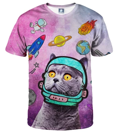 różowa koszulka z motywem kota w kosmosie
