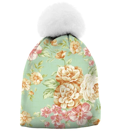 printed beanie with flowers motive