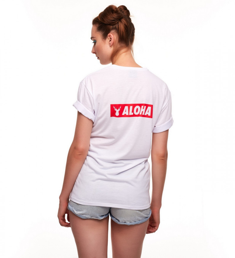 white women tshirt with aloha inscription