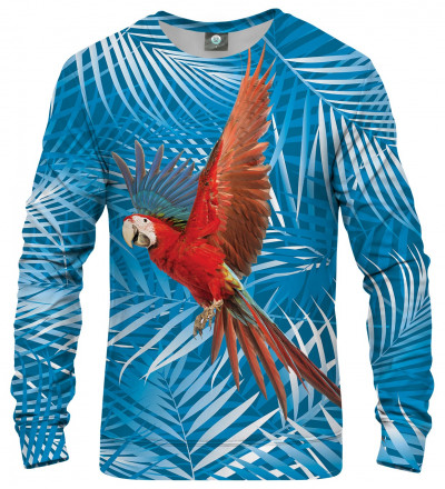 blue sweatshirt with parrot motive