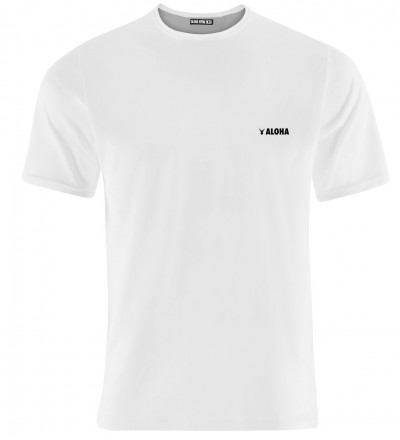 white tshirt with aloha inscription