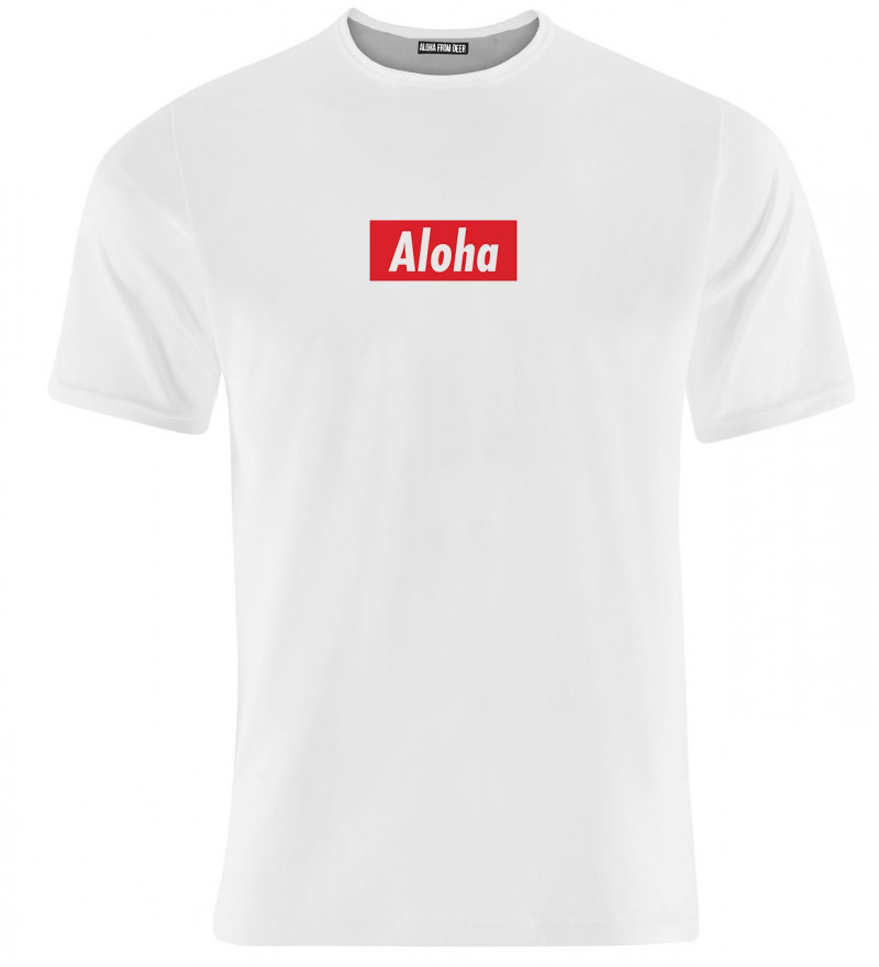 biała koszulka z napisem aloha