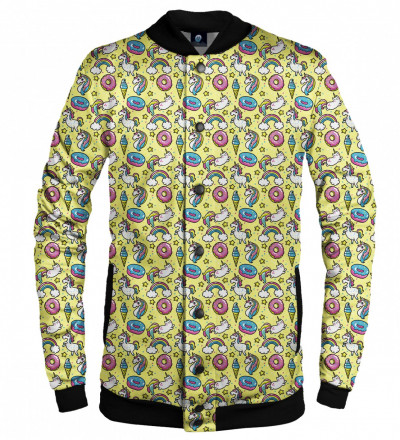 yellow baseball jacket with unicorns motive