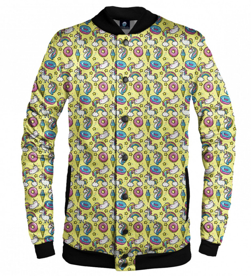 yellow baseball jacket with unicorns motive