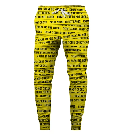 yellow sweatpants with crime scene, do not cross inscription