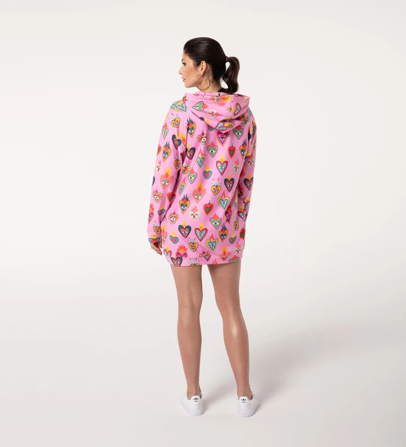 Pink Mexican Hearts Hoodie Oversize Dress