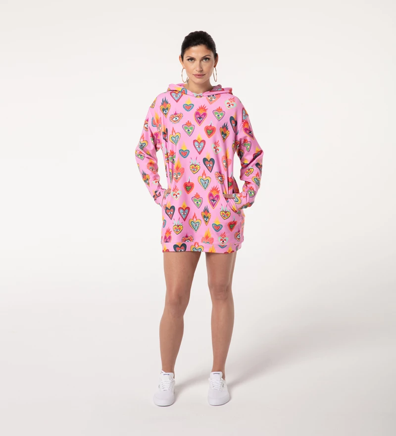 Pink Mexican Hearts Hoodie Oversize Dress