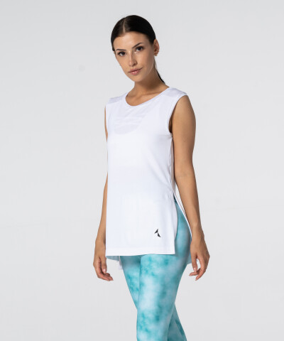 Women's White Slit Sleevelees T-shirt 1