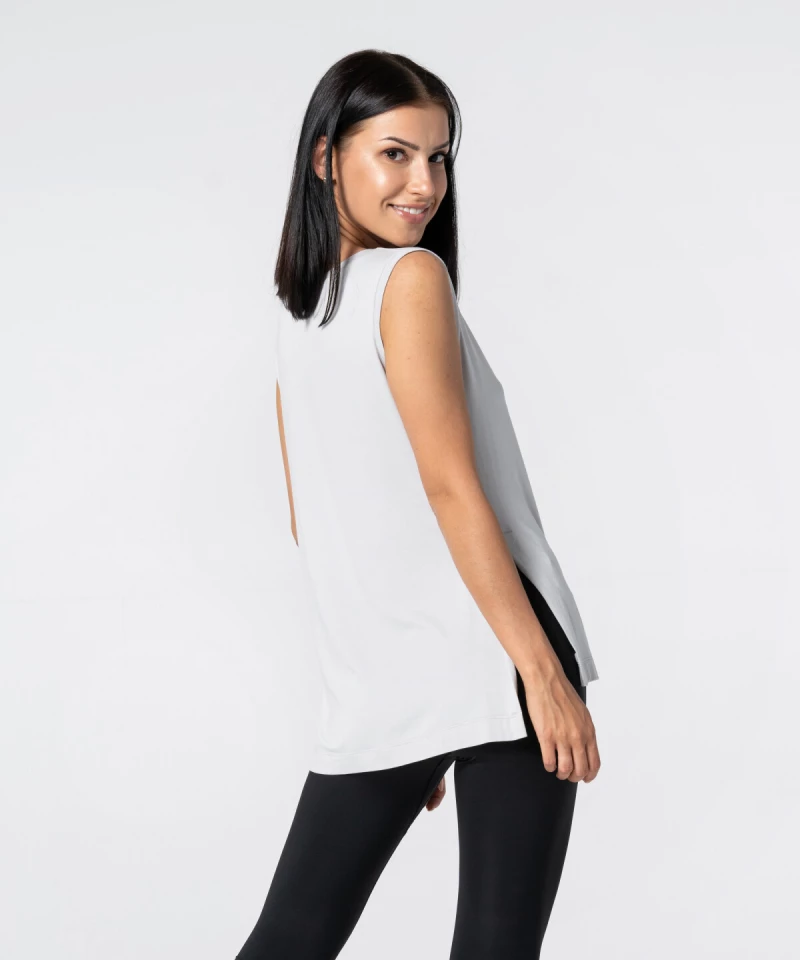 Women's Light Grey Slit Sleevelees T-shirt 2